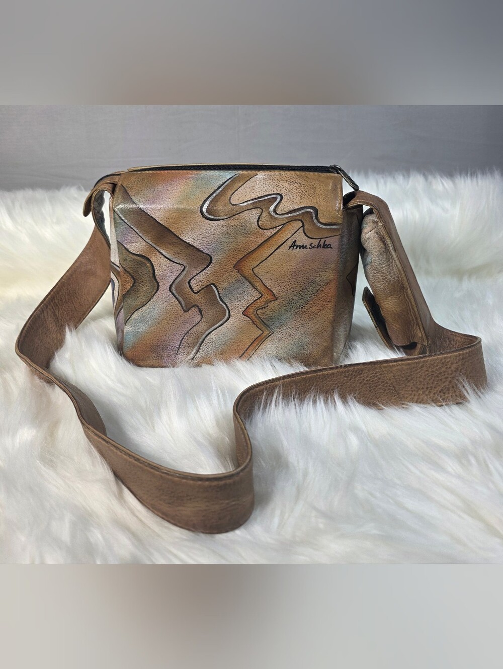 Anuschka Vintage Multitone Leather Messenger Bag with Abstract Paintwork